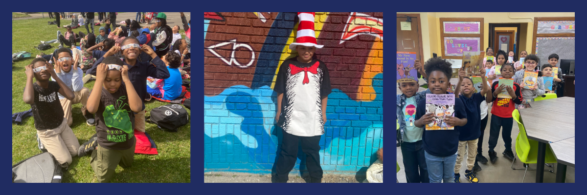 kids sitting on lawn looking at solar ecplise, kid dressed like Cat and the Hat, kids holding books